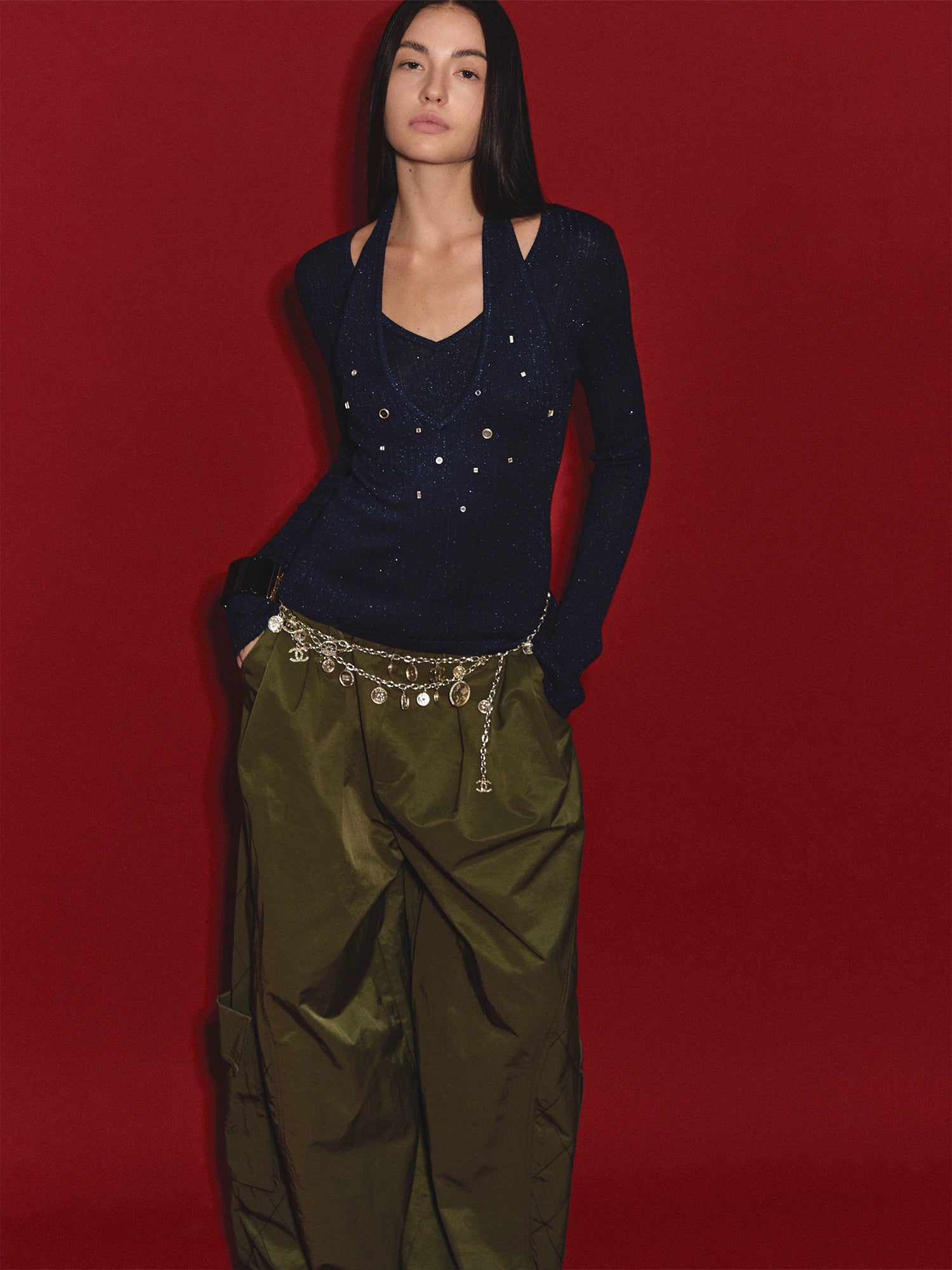 Wool Halter Sequin Long-Sleeve Top