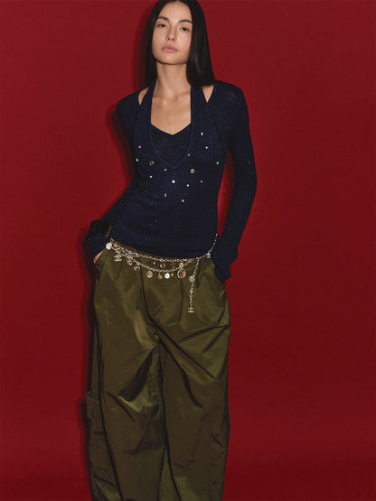 Wool Halter Sequin Long-Sleeve Top