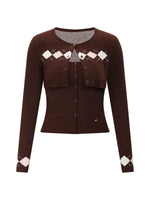 Brown Argyle Knit Cardigan Set