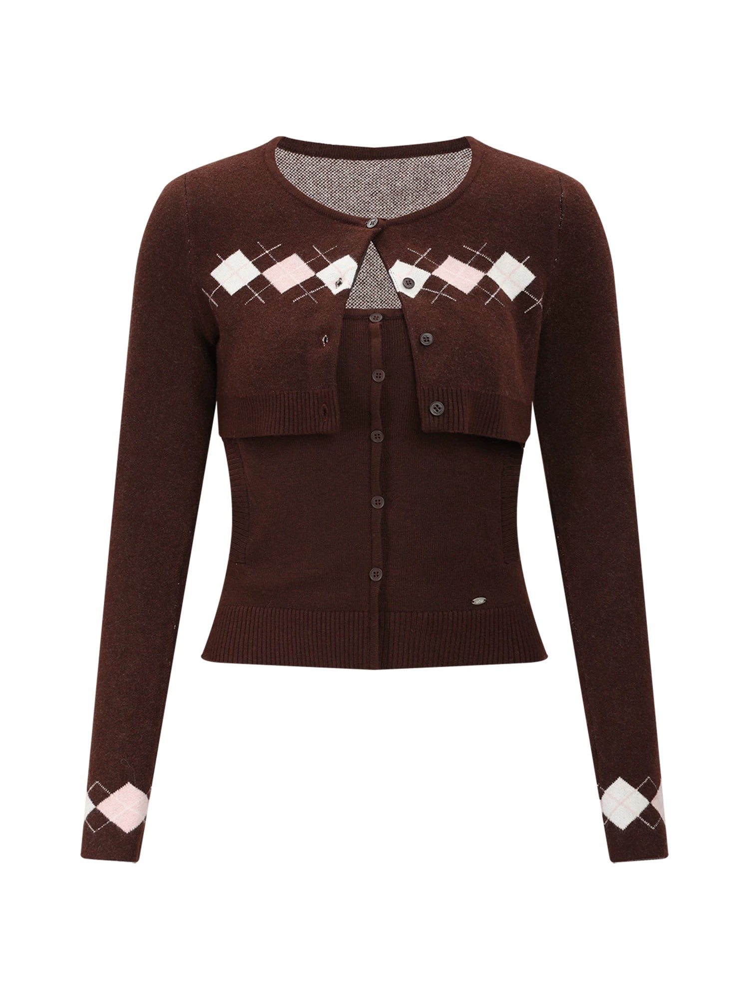 Brown Argyle Knit Cardigan Set
