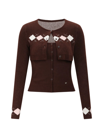 Brown Argyle Knit Cardigan Set