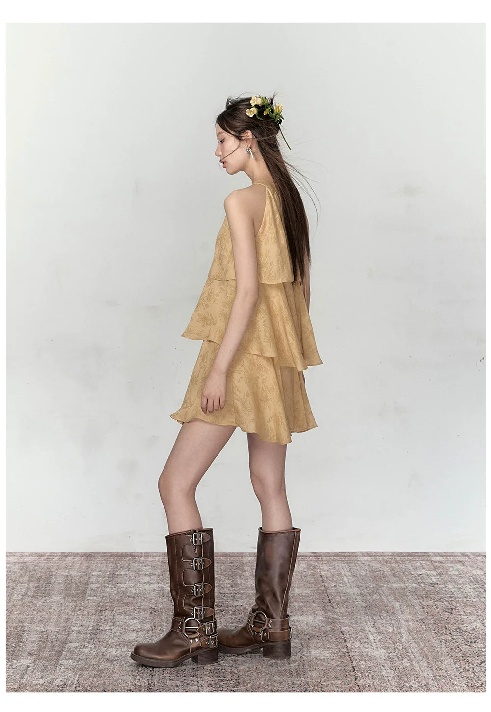 Mustard Yellow Halter Floral Dress