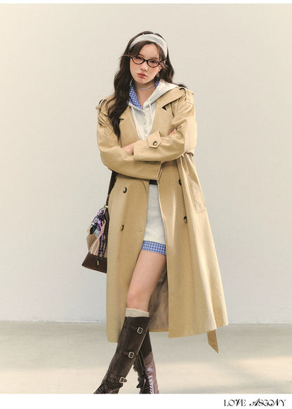 Khaki Embroidered Collar Khaki Long Trench Coat