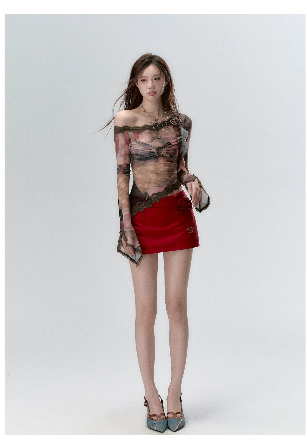 &quot;I LOVE ME&quot; Embroidered Rose Belt A-Line Mini Skirt