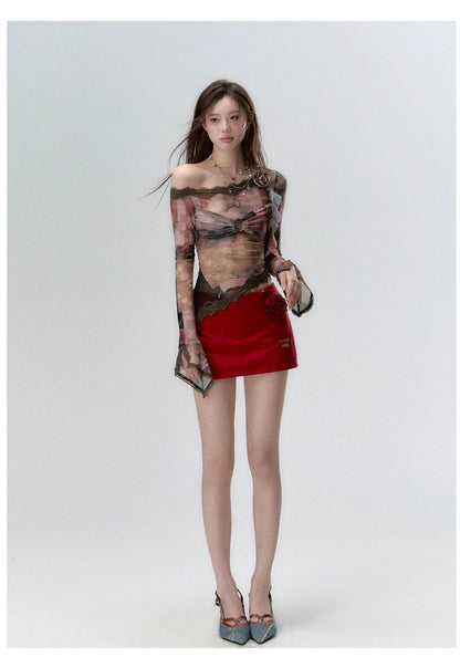 &quot;I LOVE ME&quot; Embroidered Rose Belt A-Line Mini Skirt