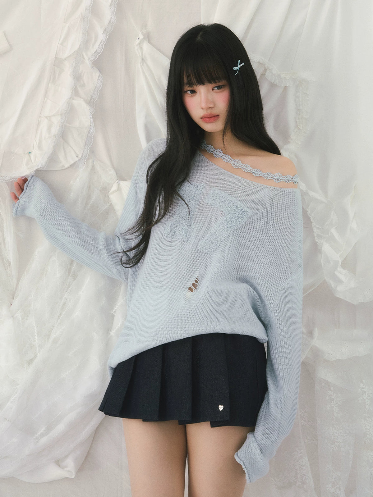 Number Printed Jacquard Off-Shoulder Top