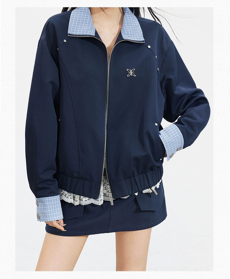 Navy Blue Plaid Patchwork Jacket