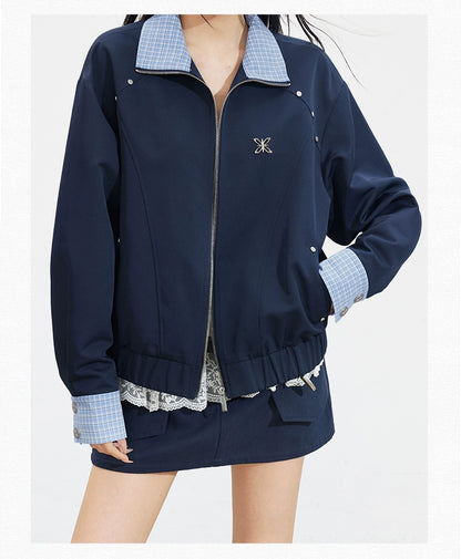 Navy Blue Plaid Patchwork Jacket