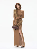 Caramel Ruched Turtleneck Slit Dress