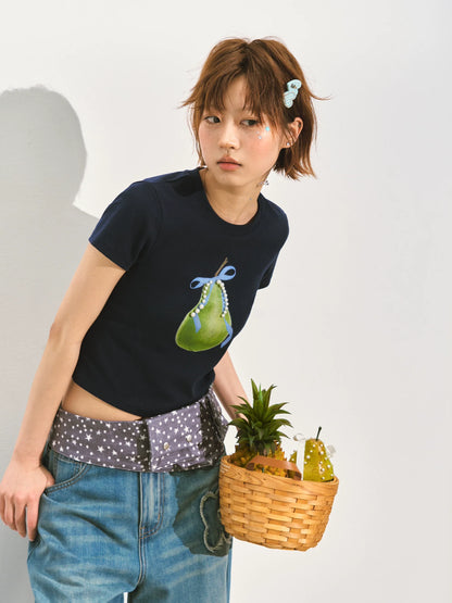 Pearl Bow Fruity Slim-fit Short Sleeve T-shirt