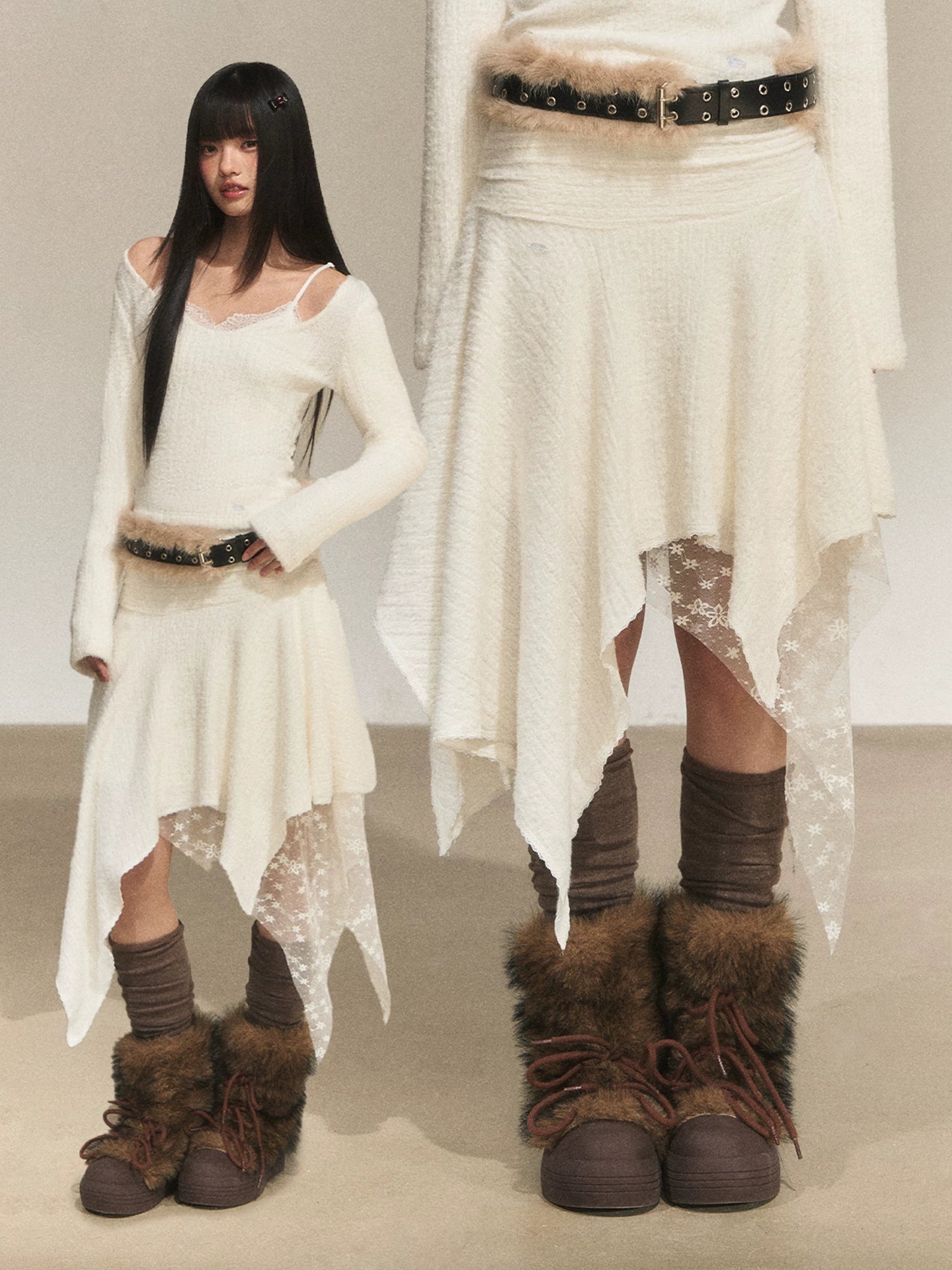 Lace Panel Irregular A-Line Skirt