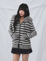 Gray Fur Hood Stripe Cardigan