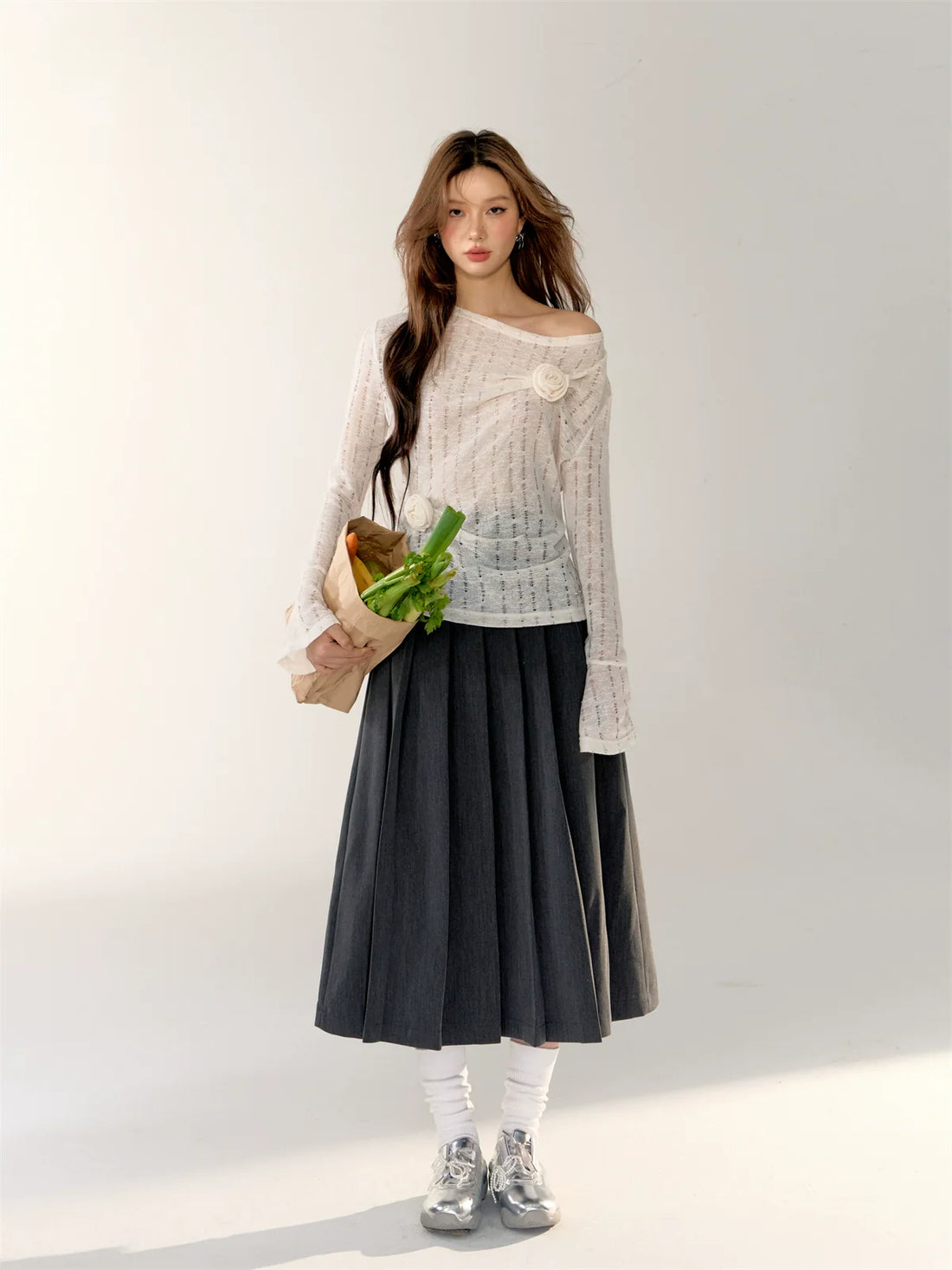 Black & Gray Hollow Knit 3D Floral Blouse