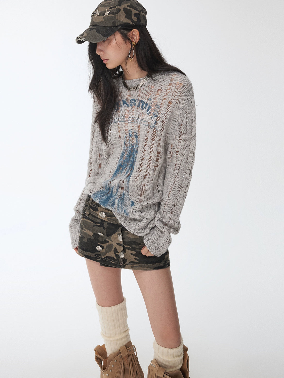 Washed Camouflage Double-Breasted Canvas Short