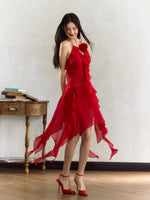 Rose Ruffle Irregular Hem Camisole Dress
