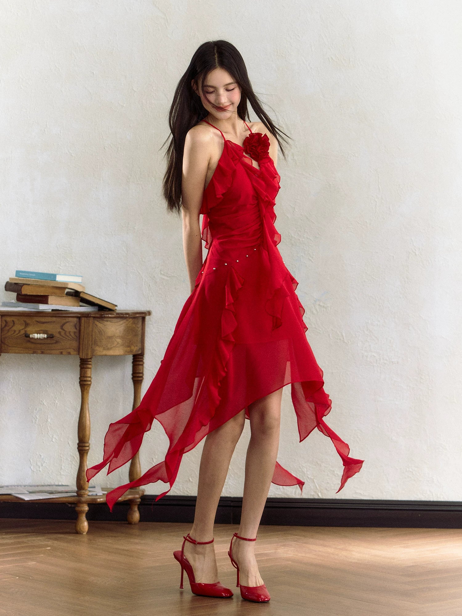 Rose Ruffle Irregular Hem Camisole Dress