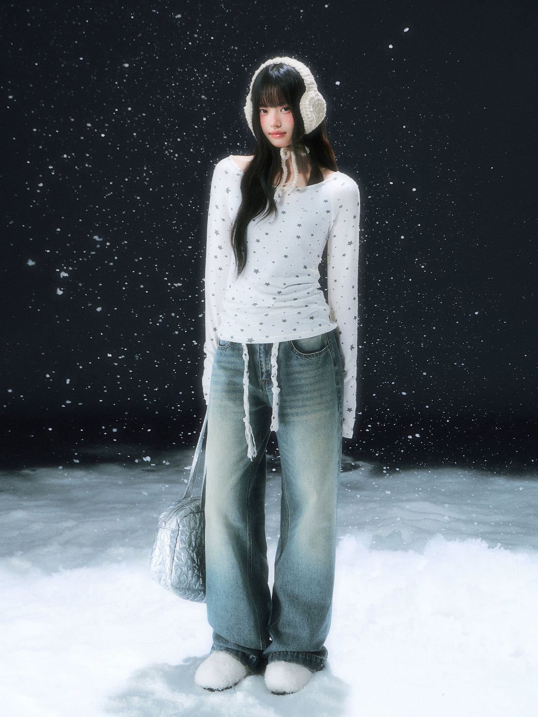 Vintage Star Tie Straight-Leg Denim Pants