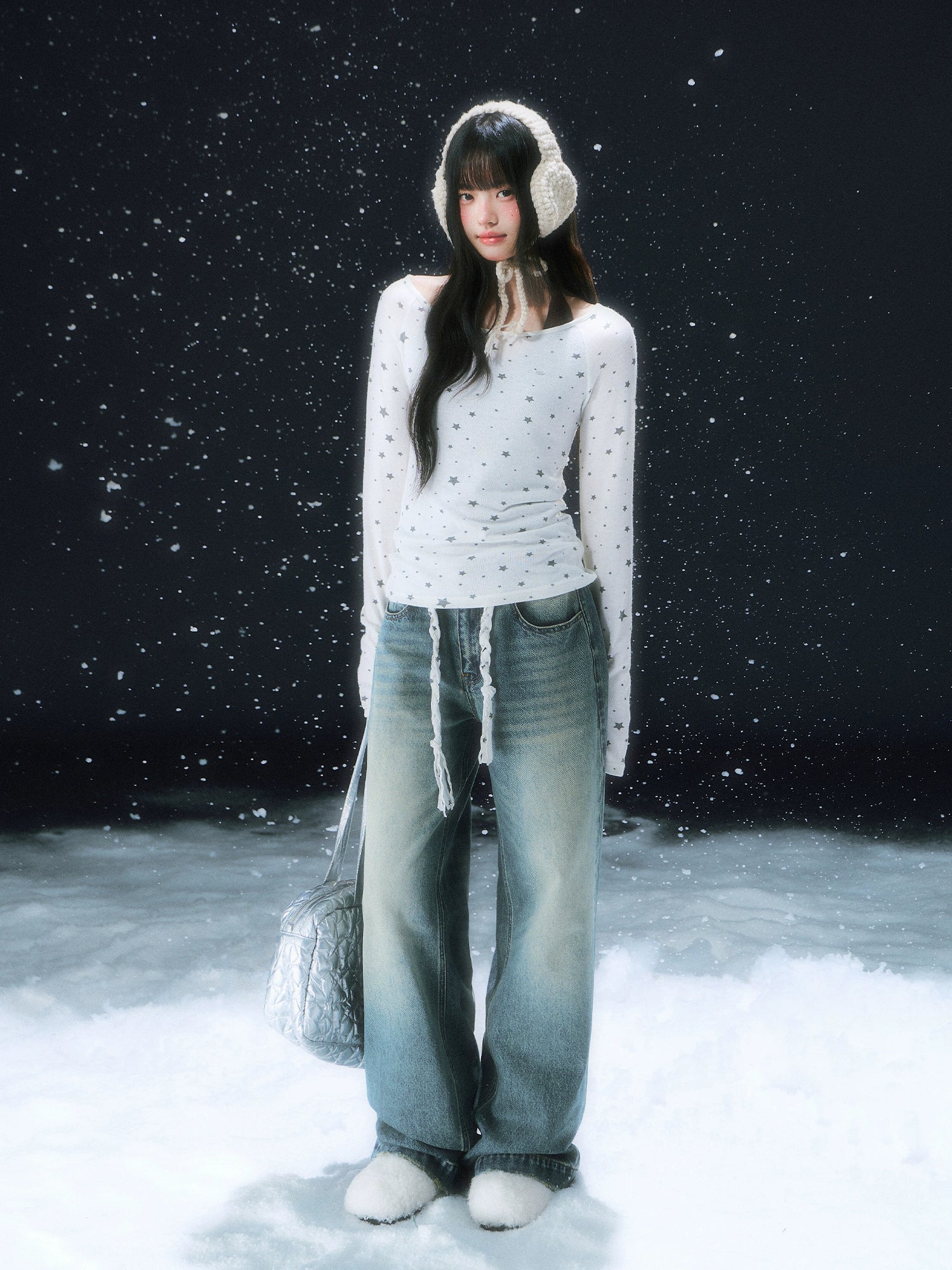 Vintage Star Tie Straight-Leg Denim Pants