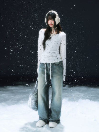 Vintage Star Tie Straight-Leg Denim Pants