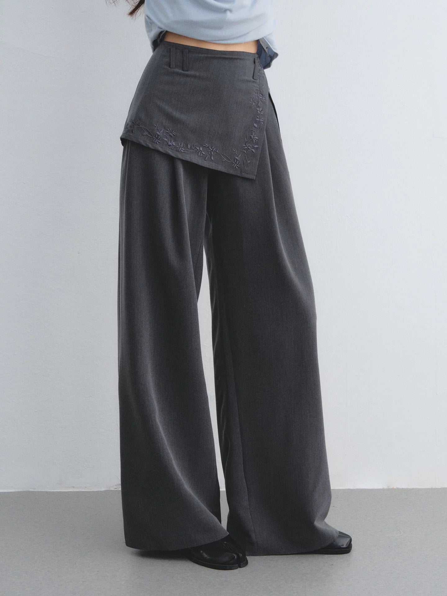 Gray Embroidered Curtain Panel Pants