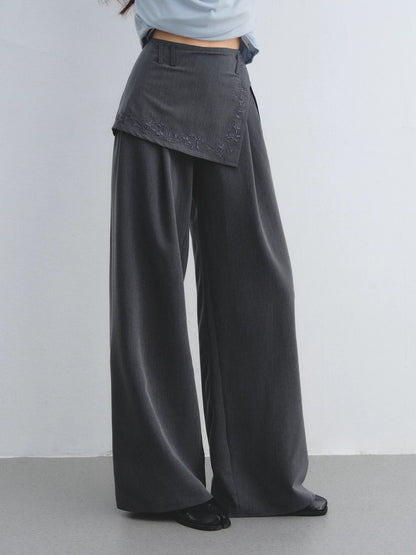 Gray Embroidered Curtain Panel Pants