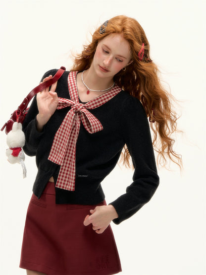 Plaid Bow-Tie Round Neck Knitted Cardigan