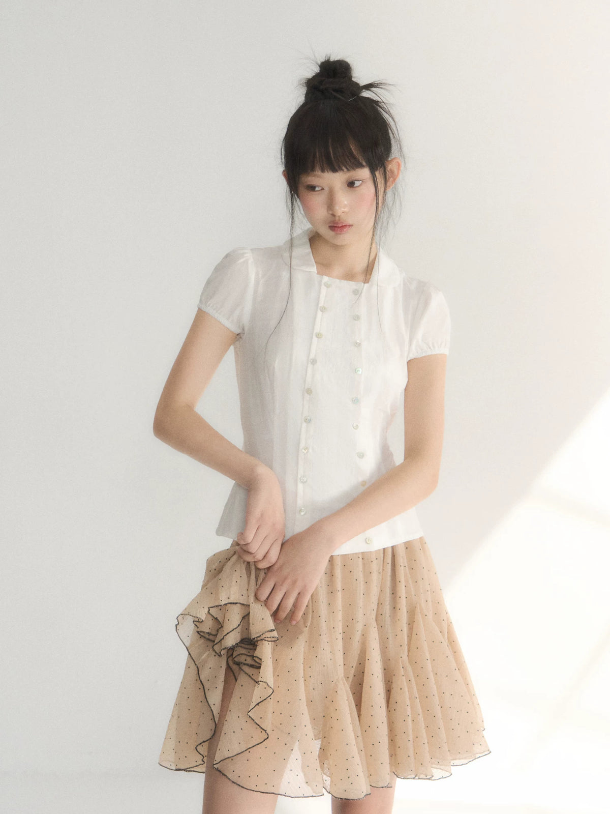 French Double-Button Puff Sleeve Shirt