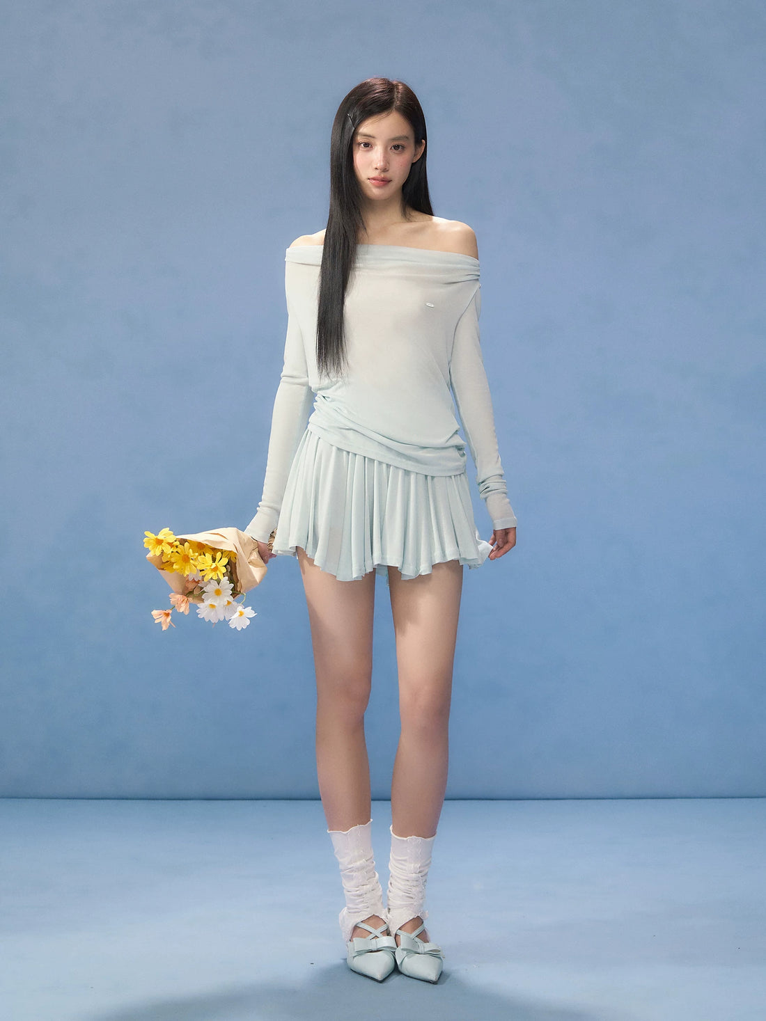 Blue Pleated Mini Skirt