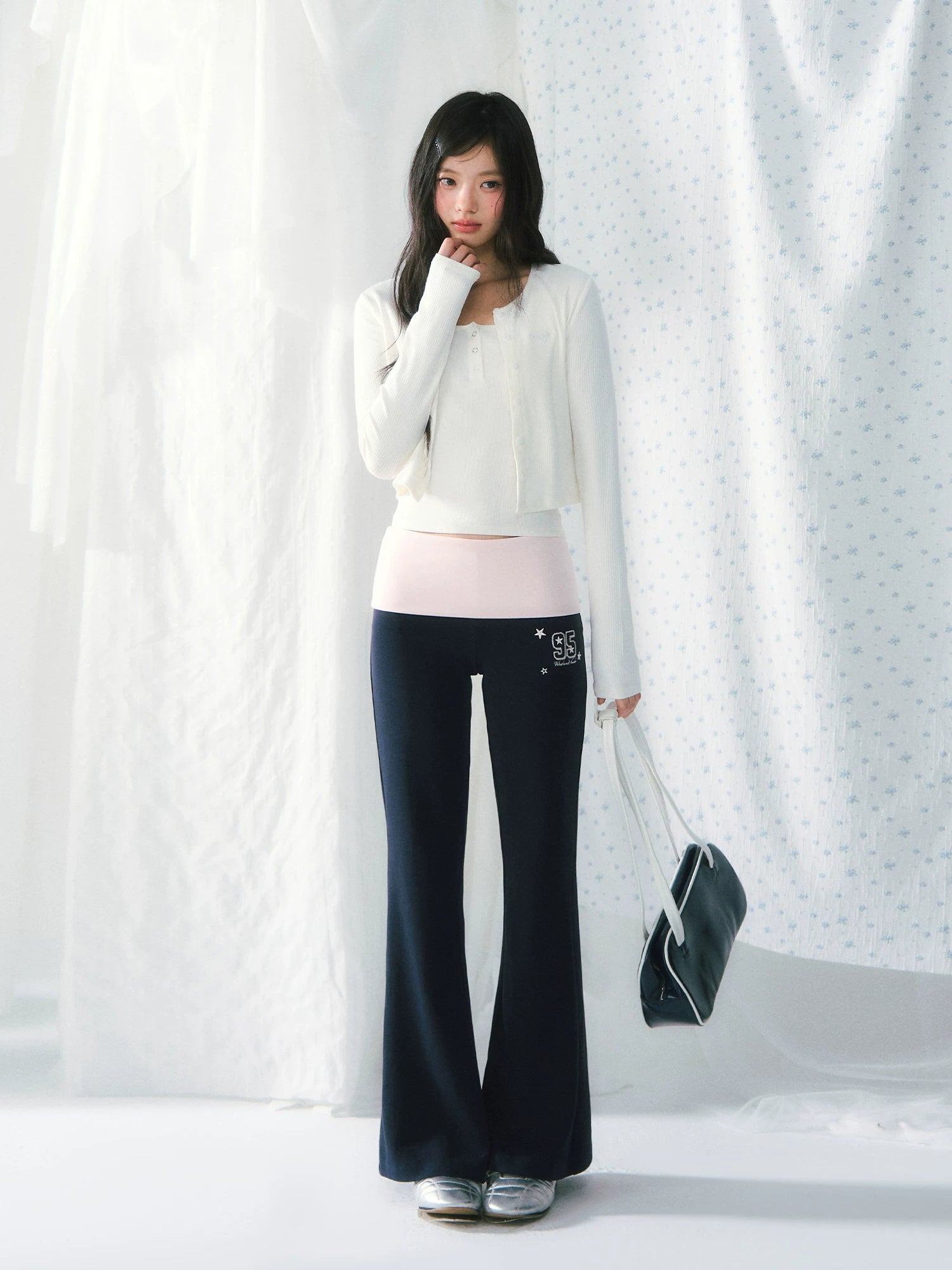 Contrast Waist Flared Pants