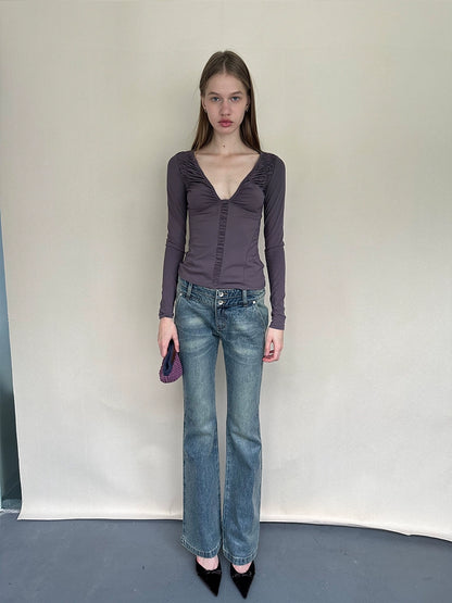 Ruched Low-Neck Knit Top