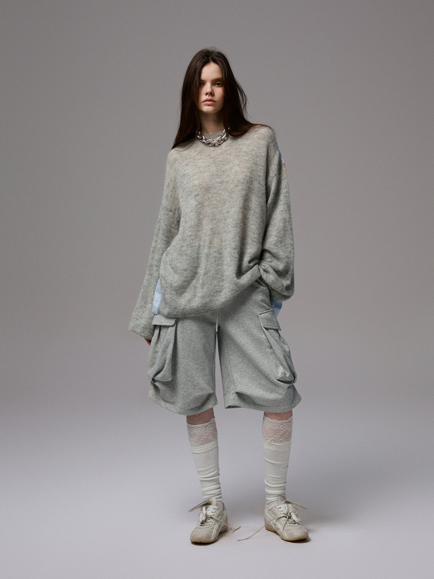Oversized Mohair Shirt-Panel Knit Sweater