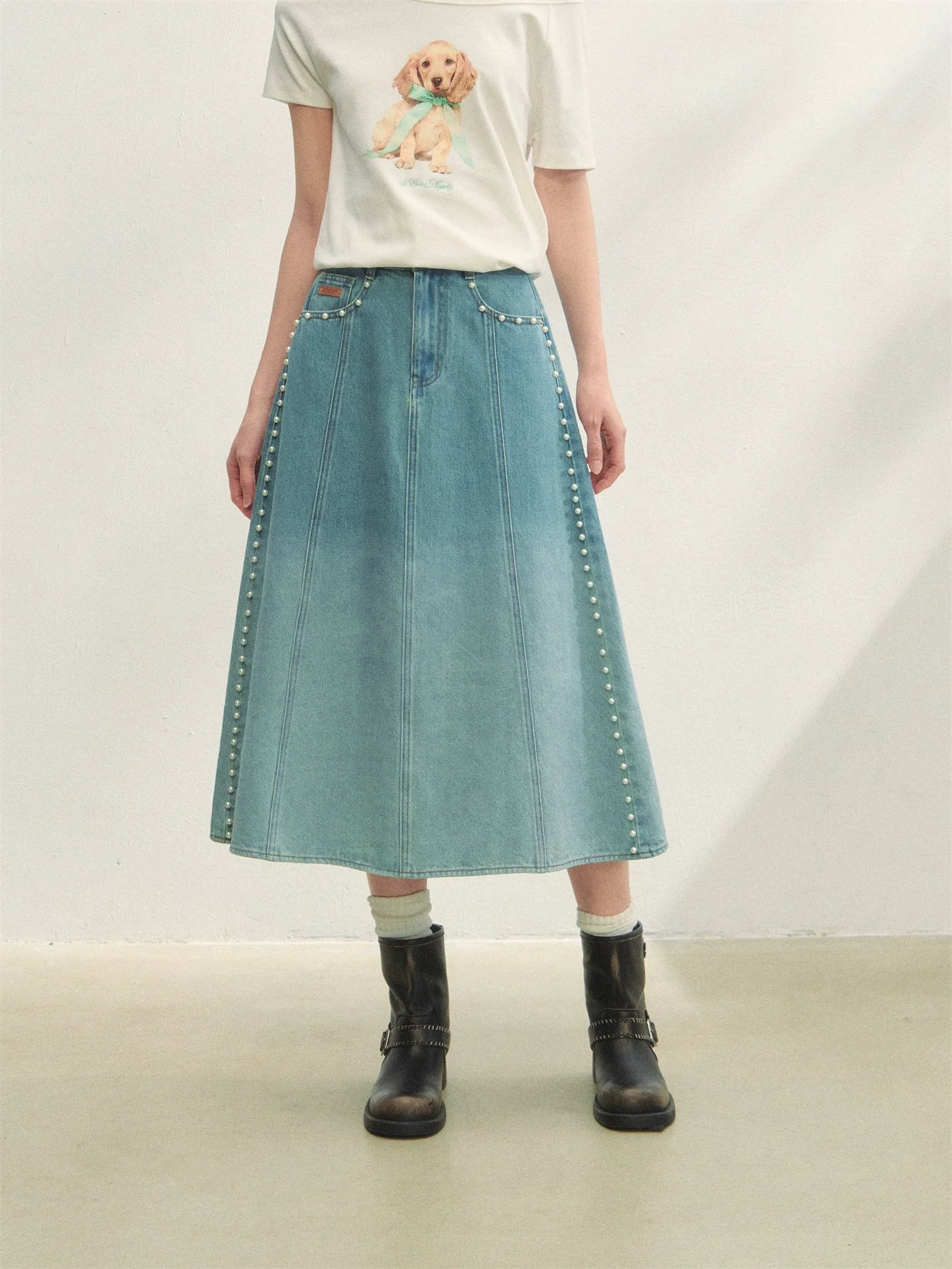 Beaded Washed Gradient Denim Skirt