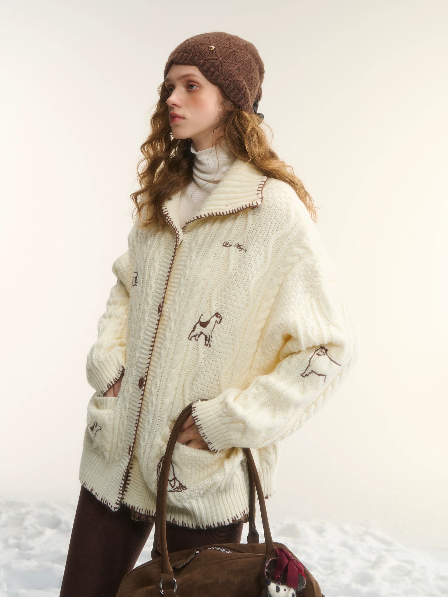 Dog Embroidered Cable Standneck Cardigan