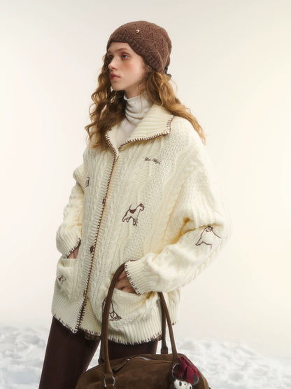 Dog Embroidered Cable Standneck Cardigan