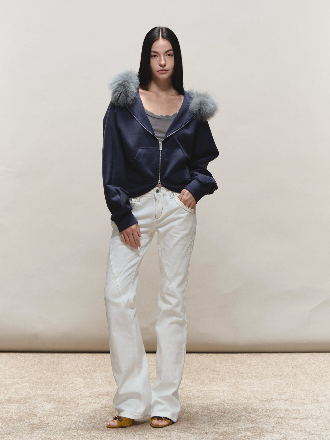 Batwing Hooded Fur-Collar Jacket