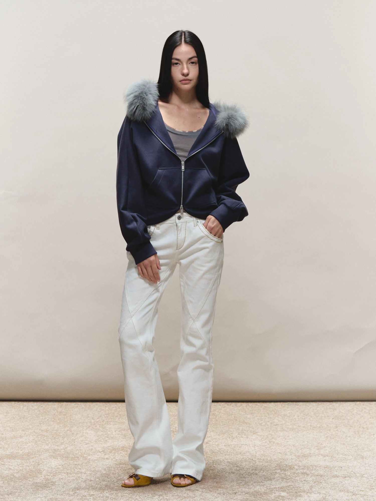 Batwing Hooded Fur-Collar Jacket