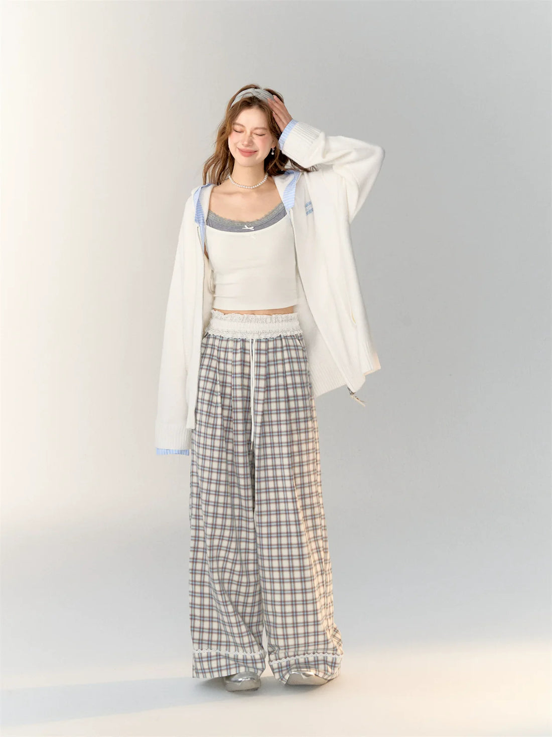 Lace-Trimmed Plaid Wide-Legged Pants