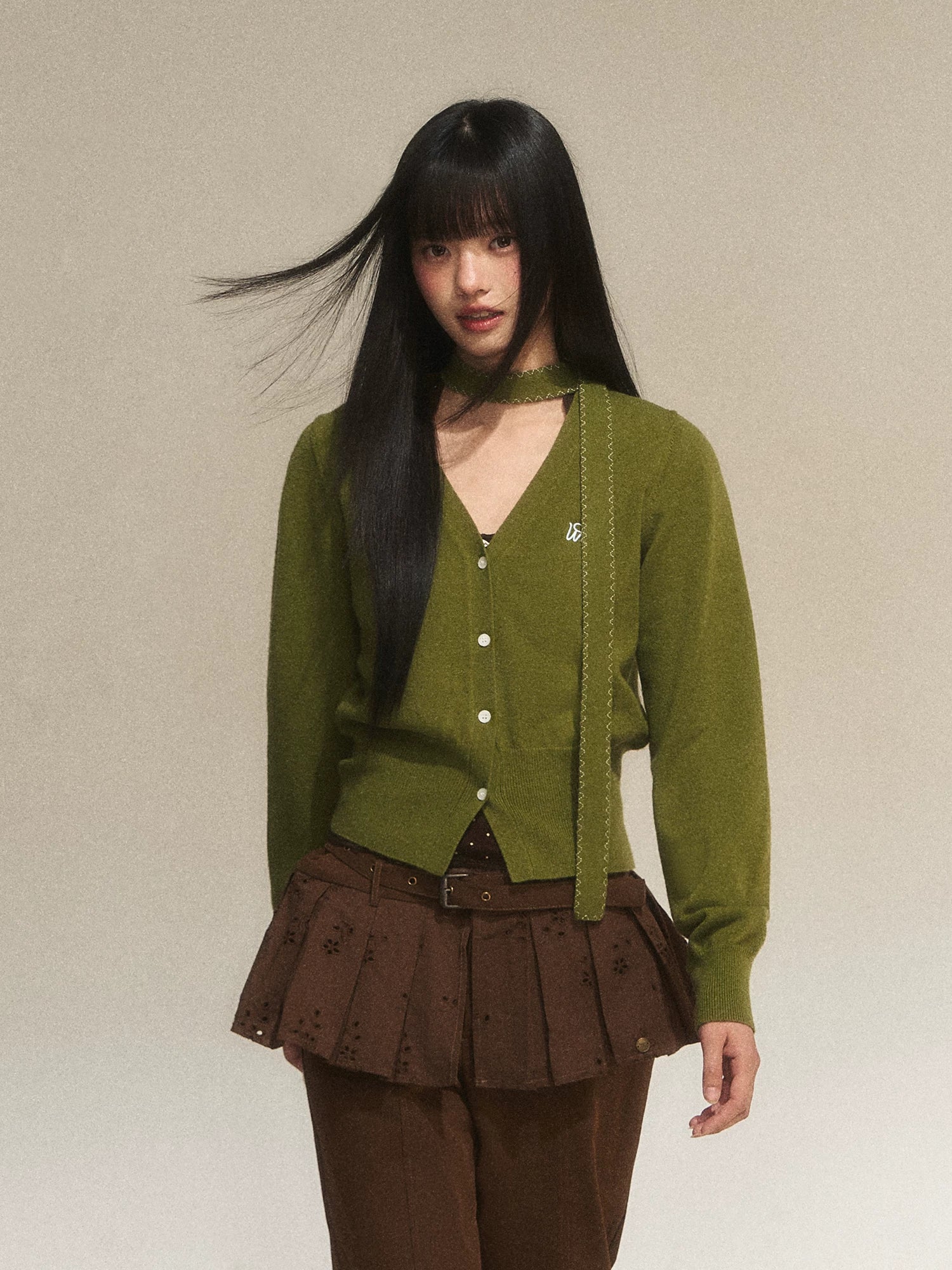 Vintage Green V-Neck Knit Cardigan