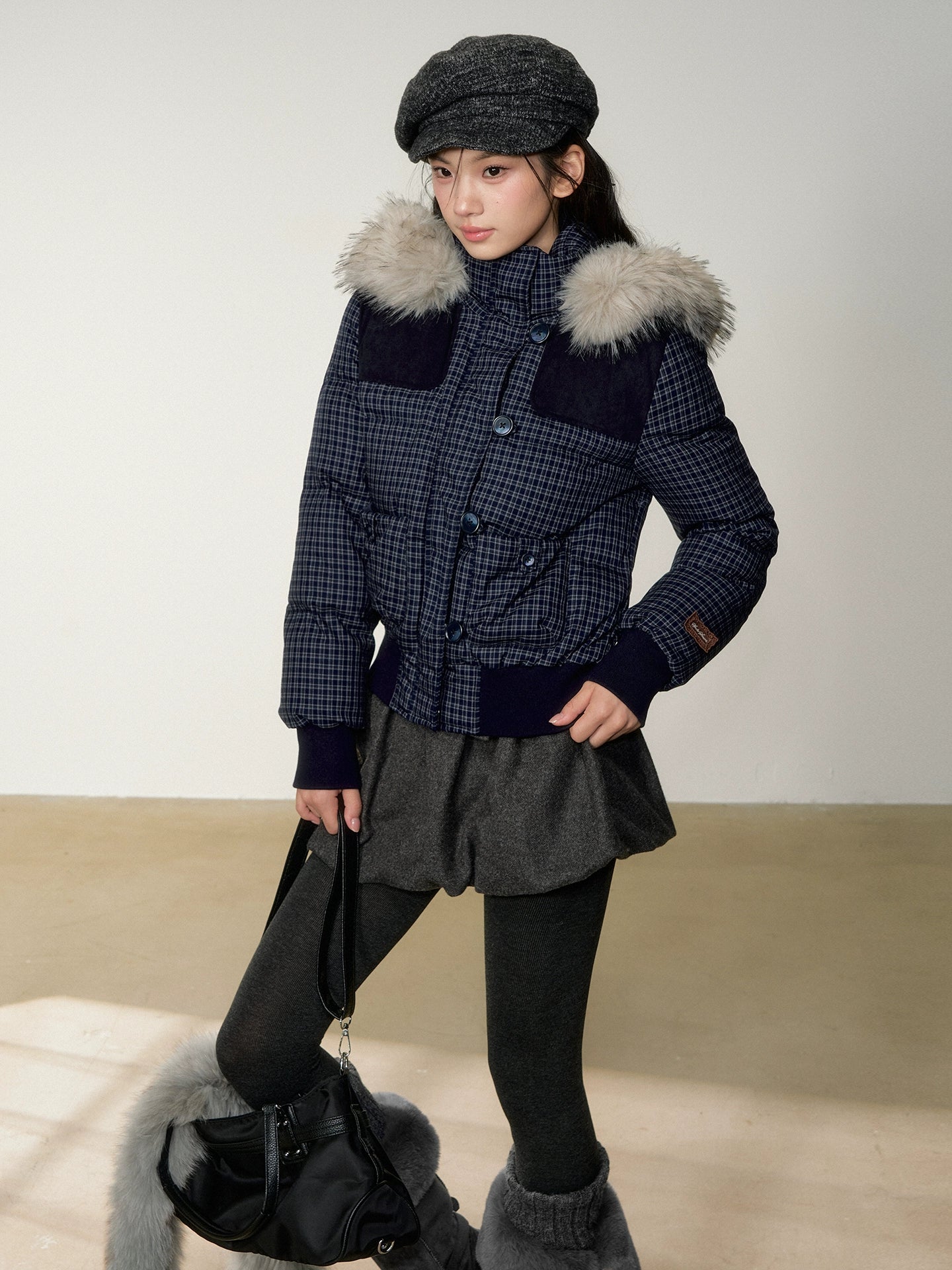 Faux Fur Collar Plaid Down Jacket