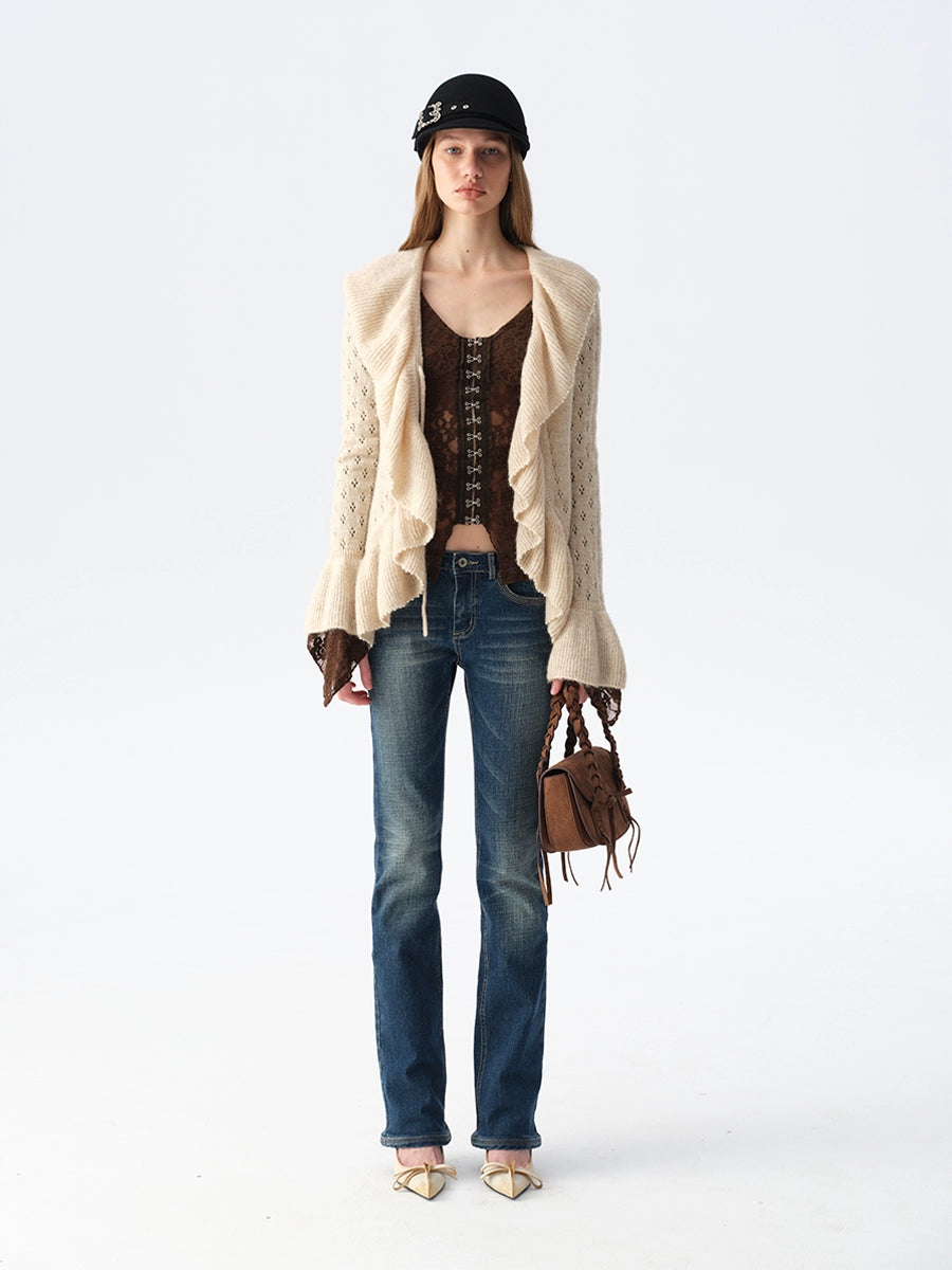 Two-Tone Openwork Ruffle Longline Cardigan