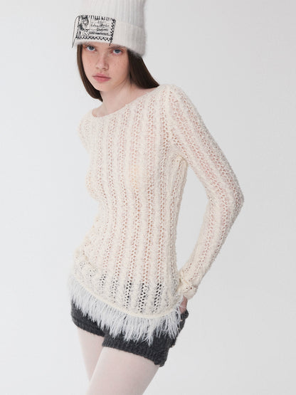 Cable Knit Faux-Fur Trim Fitted Sweater