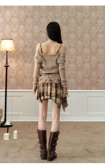 Khaki &amp; Off-white Frayed Edge Sweater