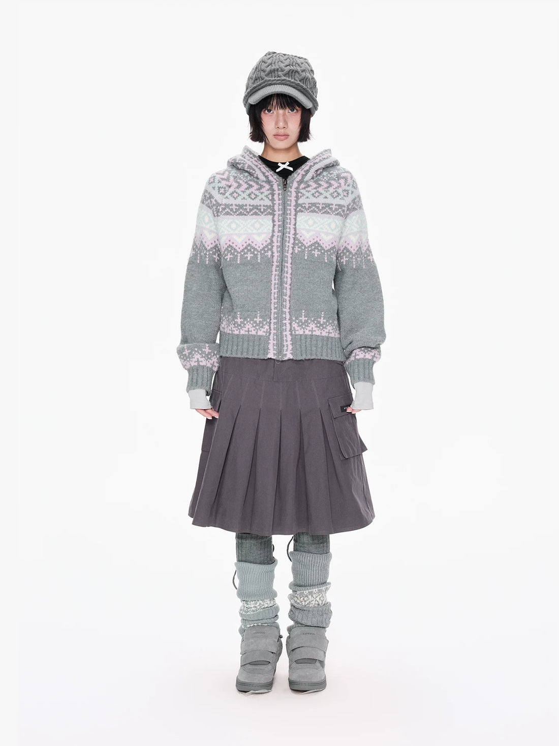 Gray Hooded Zip Knit Cardigan