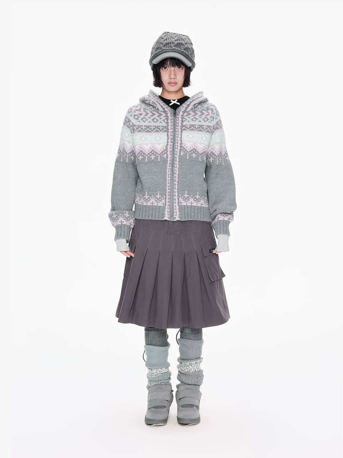 Gray Hooded Zip Knit Cardigan