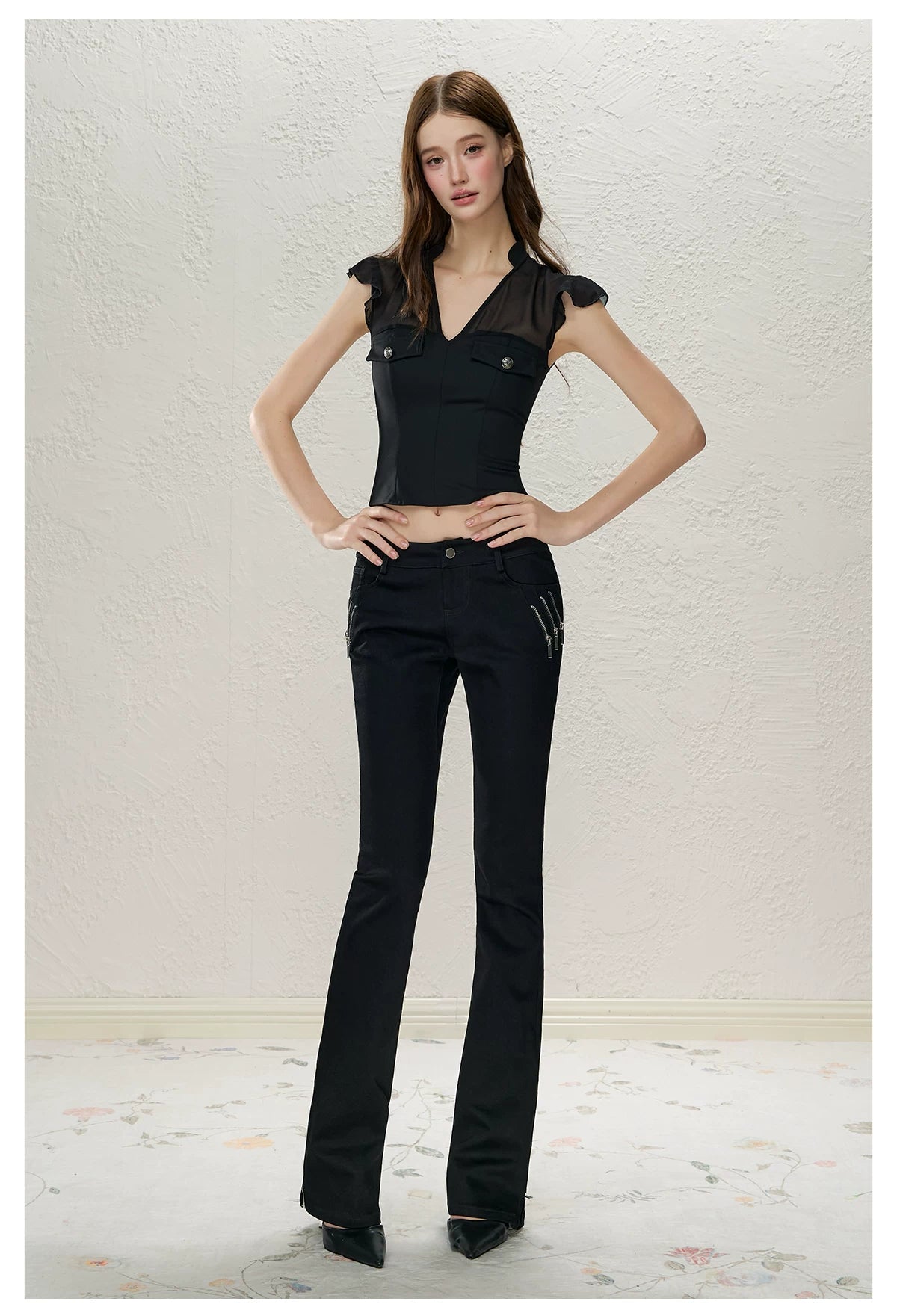 Black Low-Rise Slit Pants