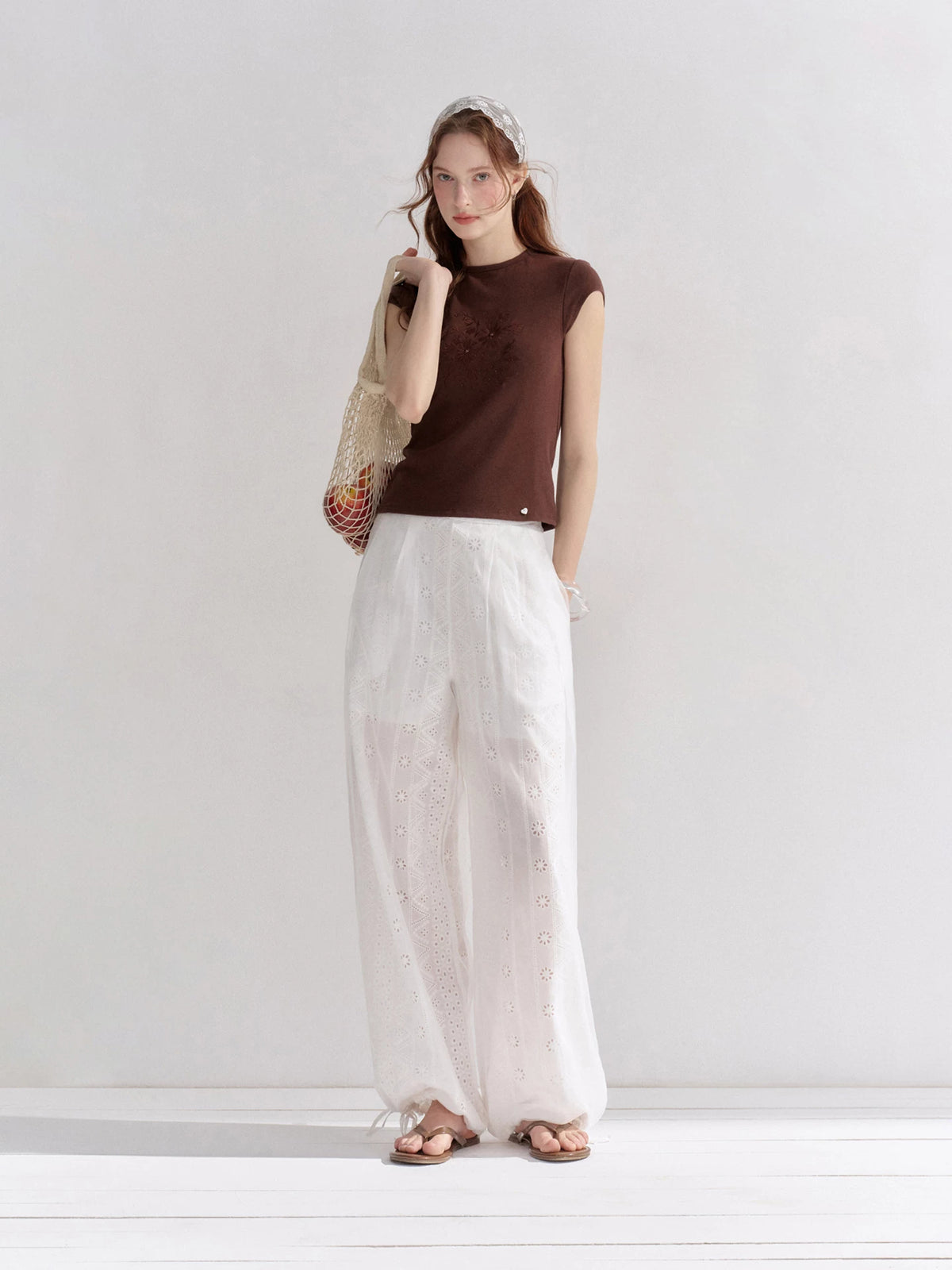 Eyelet Drawstring Wide-Leg Pants
