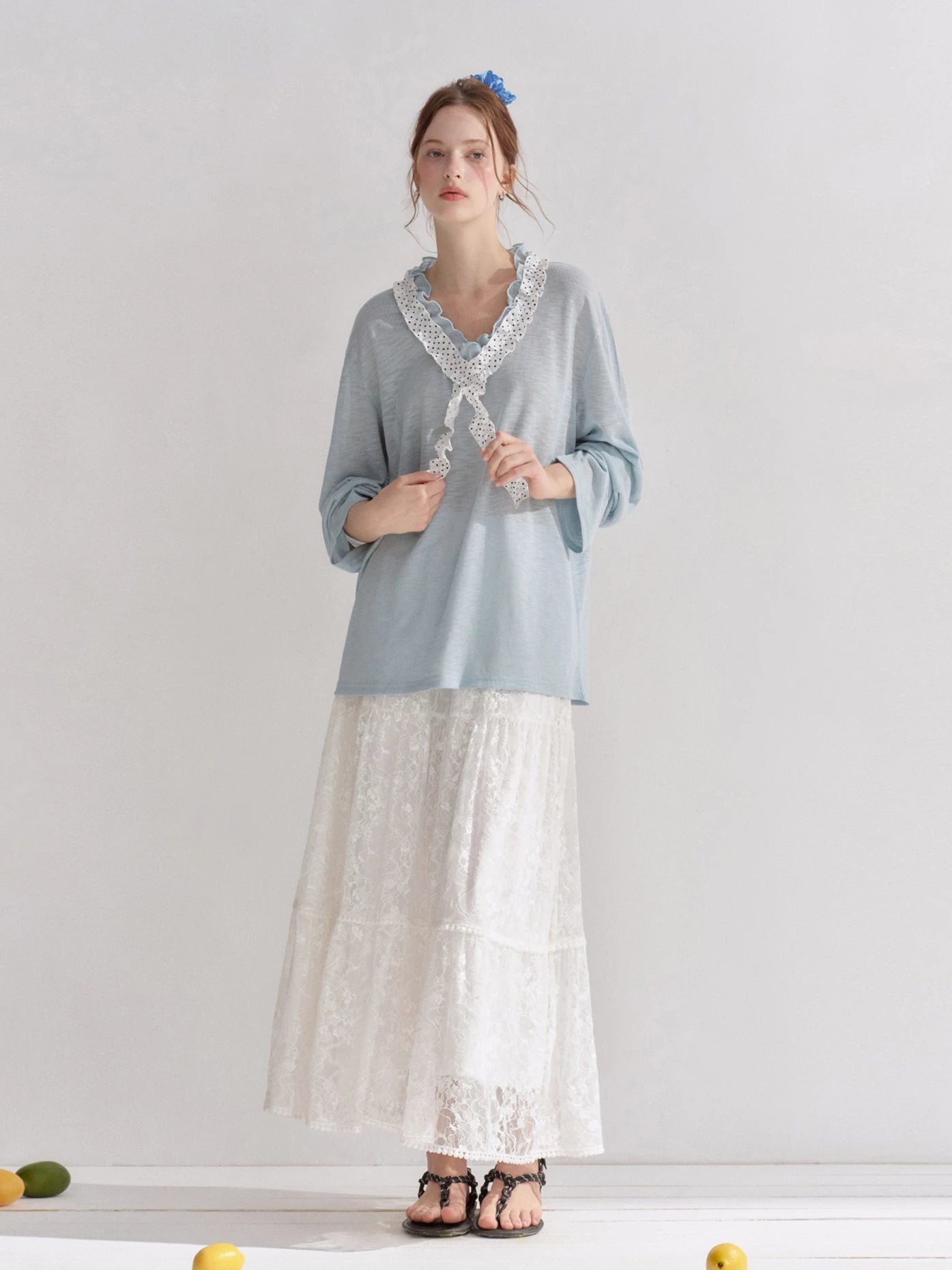 Polka Dot Ruffle V-Neck Top