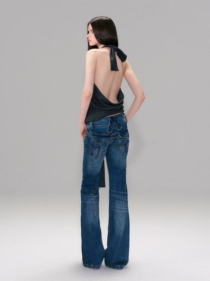 Dark Blue Vintage Hand-Brushed Flare Jeans