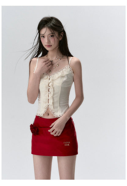 &quot;I LOVE ME&quot; Embroidered Rose Belt A-Line Mini Skirt