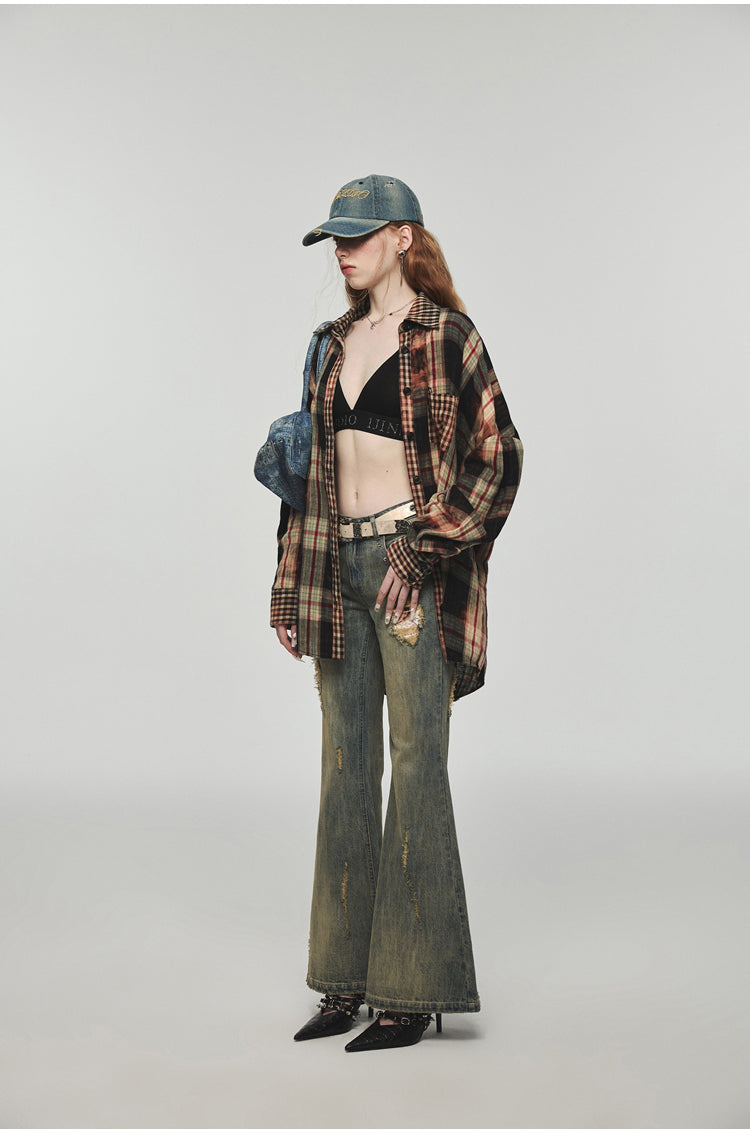 Tie-dye Plaid Shirt &amp; Mini Skirt Set